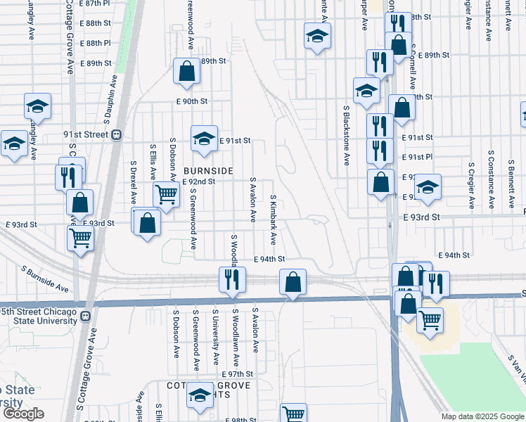map of restaurants, bars, coffee shops, grocery stores, and more near 9216 South Kimbark Avenue in Chicago