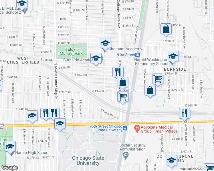 map of restaurants, bars, coffee shops, grocery stores, and more near 720 East 92nd Place in Chicago