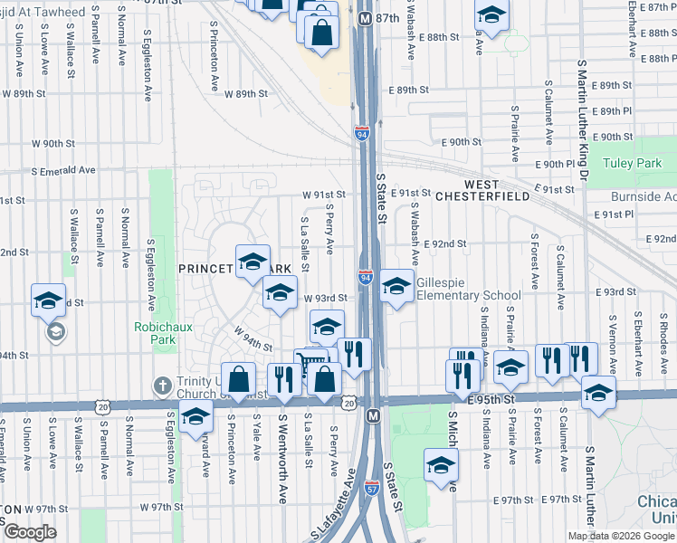map of restaurants, bars, coffee shops, grocery stores, and more near 9202 South Lafayette Avenue in Chicago