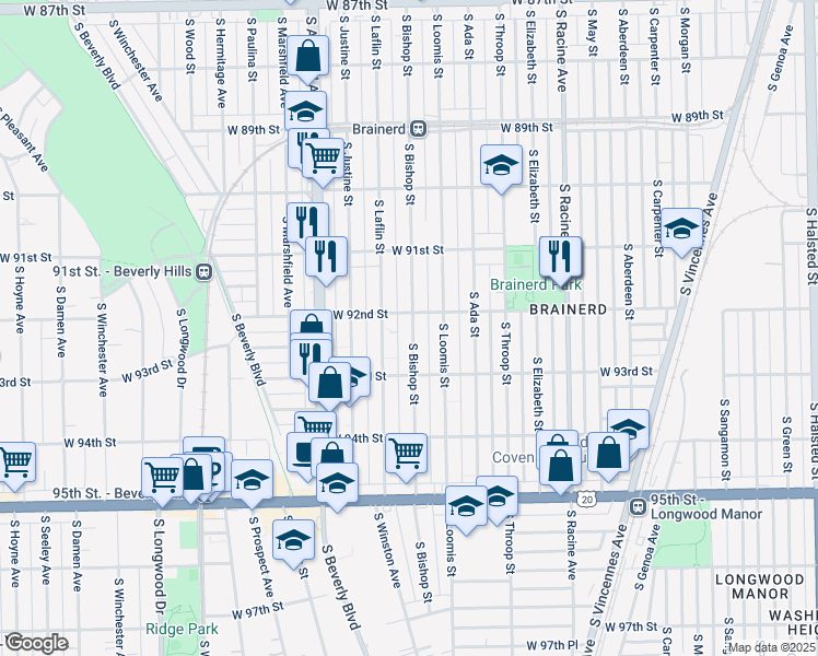 map of restaurants, bars, coffee shops, grocery stores, and more near 9153 South Laflin Street in Chicago