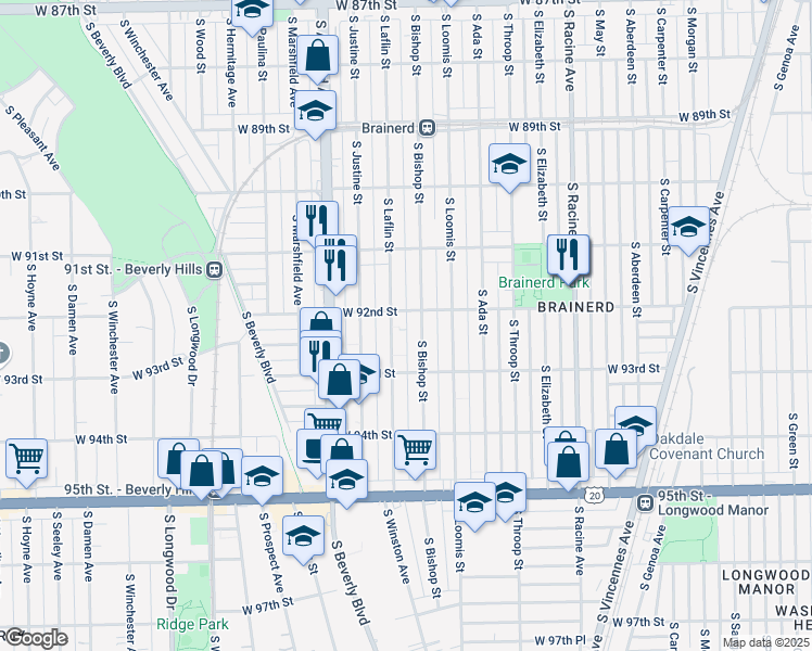 map of restaurants, bars, coffee shops, grocery stores, and more near 9153 South Laflin Street in Chicago
