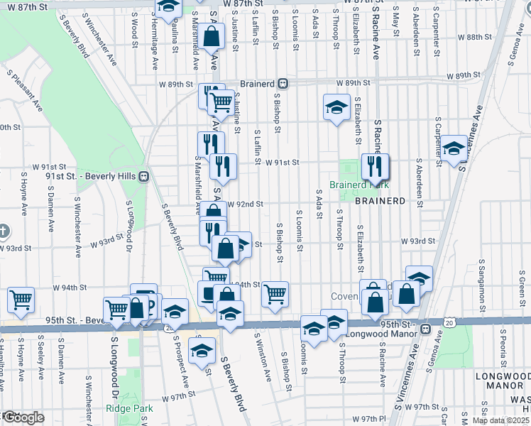 map of restaurants, bars, coffee shops, grocery stores, and more near 9153 South Laflin Street in Chicago