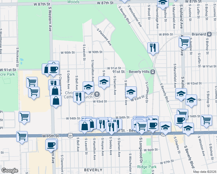 map of restaurants, bars, coffee shops, grocery stores, and more near 9144 South Damen Avenue in Chicago