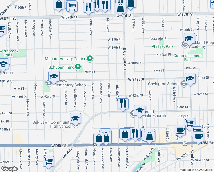 map of restaurants, bars, coffee shops, grocery stores, and more near 9100 Major Avenue in Oak Lawn