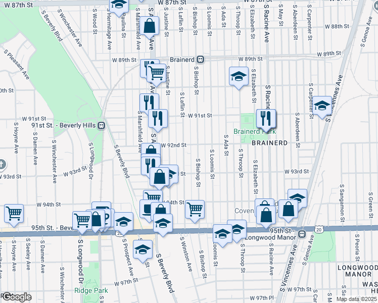 map of restaurants, bars, coffee shops, grocery stores, and more near 9153 South Laflin Street in Chicago