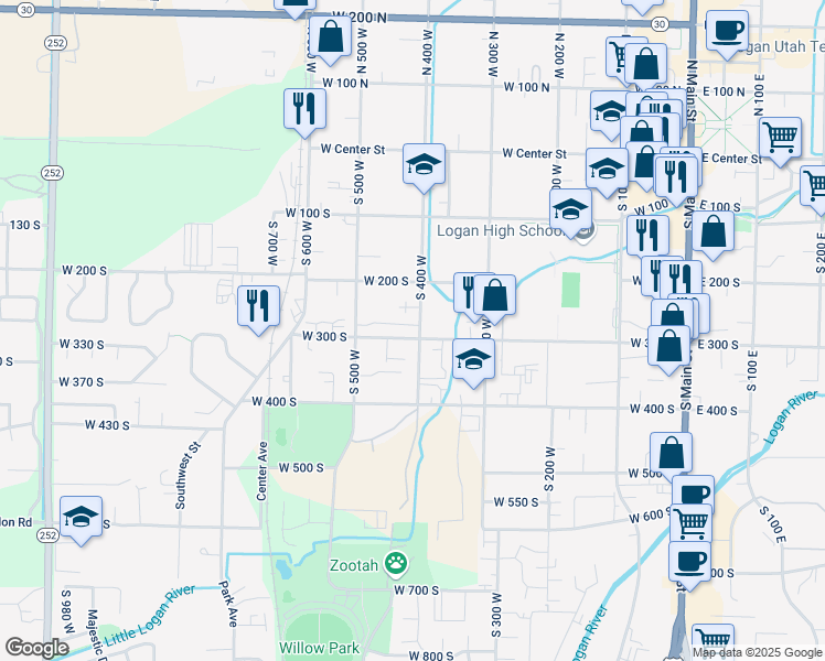 map of restaurants, bars, coffee shops, grocery stores, and more near 409 West 300 South in Logan