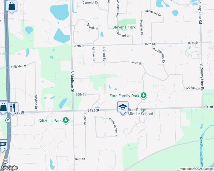 map of restaurants, bars, coffee shops, grocery stores, and more near 15W599 89th Street in Burr Ridge