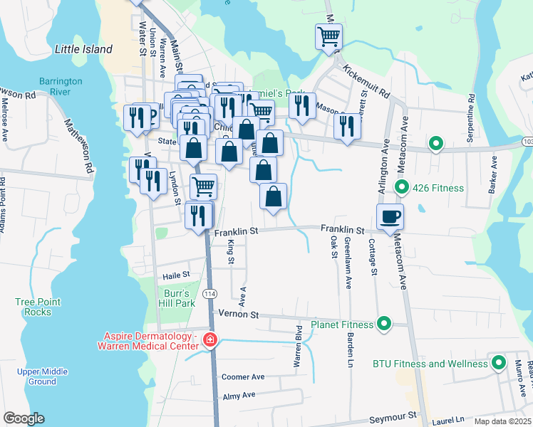 map of restaurants, bars, coffee shops, grocery stores, and more near 98 South Cutler Street in Warren