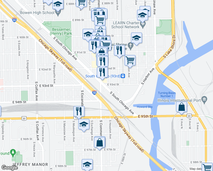 map of restaurants, bars, coffee shops, grocery stores, and more near 3027 East 93rd Street in Chicago