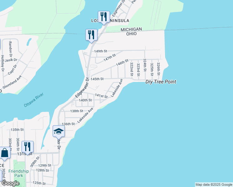 map of restaurants, bars, coffee shops, grocery stores, and more near 5934 Lakeside Avenue in Toledo