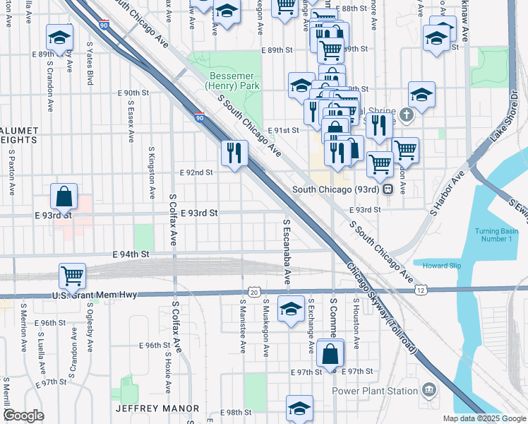 map of restaurants, bars, coffee shops, grocery stores, and more near South Muskegon Avenue in Chicago