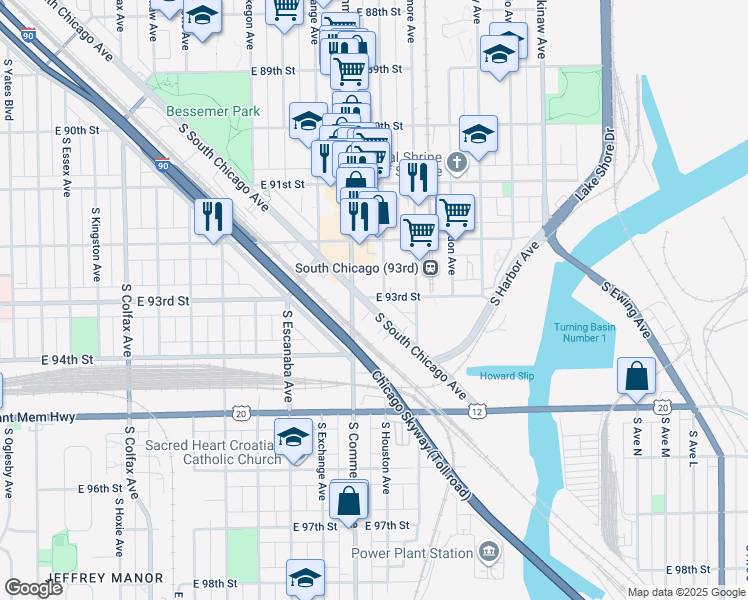map of restaurants, bars, coffee shops, grocery stores, and more near 3027 East 93rd Street in Chicago