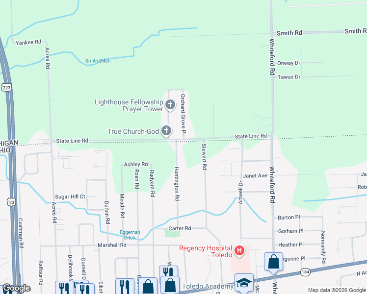map of restaurants, bars, coffee shops, grocery stores, and more near 5421 State Line Road in Ottawa Lake