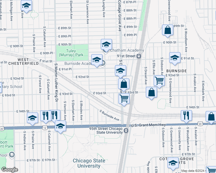 map of restaurants, bars, coffee shops, grocery stores, and more near 707 East 92nd Place in Chicago