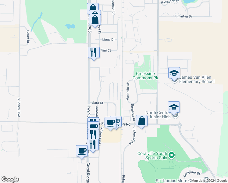 map of restaurants, bars, coffee shops, grocery stores, and more near 1476 Burr Drive in North Liberty