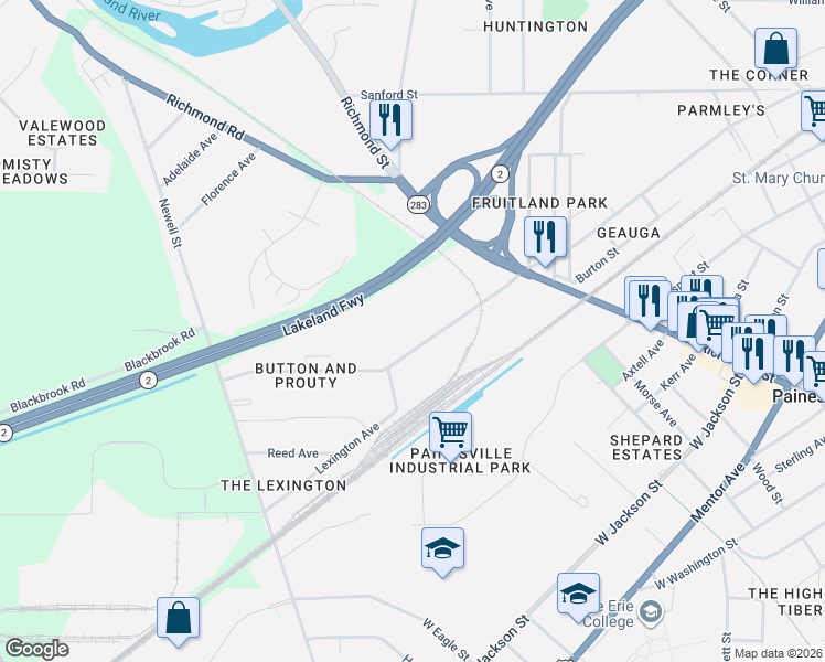 map of restaurants, bars, coffee shops, grocery stores, and more near 162 Stage Avenue in Painesville
