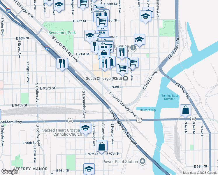 map of restaurants, bars, coffee shops, grocery stores, and more near 9241 South Commercial Avenue in Chicago