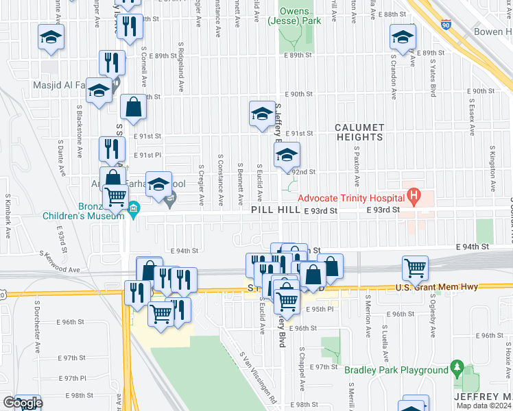 map of restaurants, bars, coffee shops, grocery stores, and more near 9229 South Bennett Avenue in Chicago