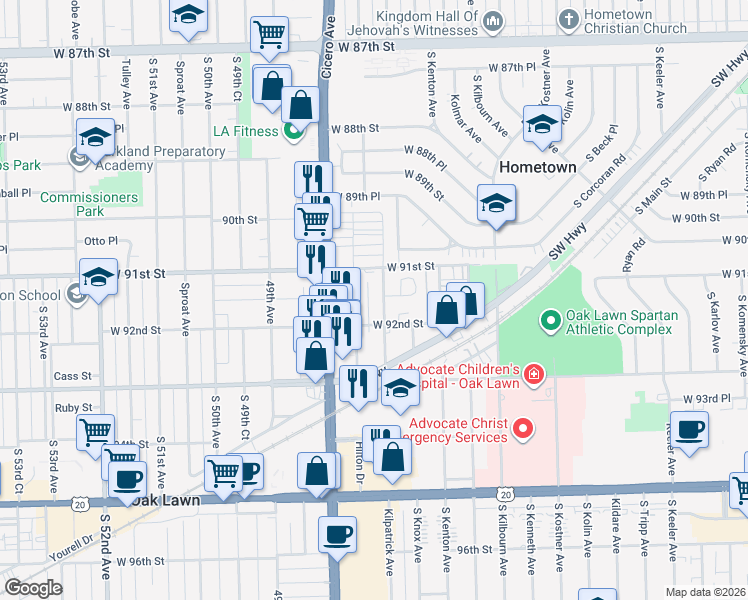 map of restaurants, bars, coffee shops, grocery stores, and more near 9105 South Keating Avenue in Oak Lawn