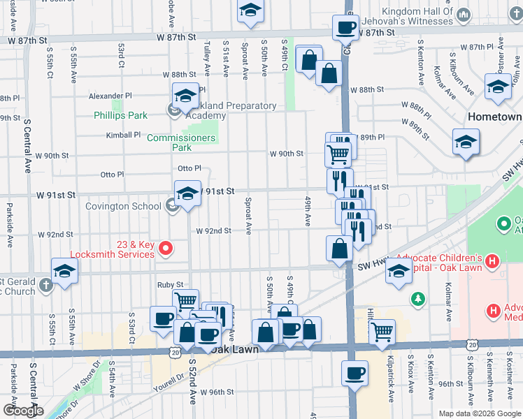 map of restaurants, bars, coffee shops, grocery stores, and more near 9101 Sproat Avenue in Oak Lawn