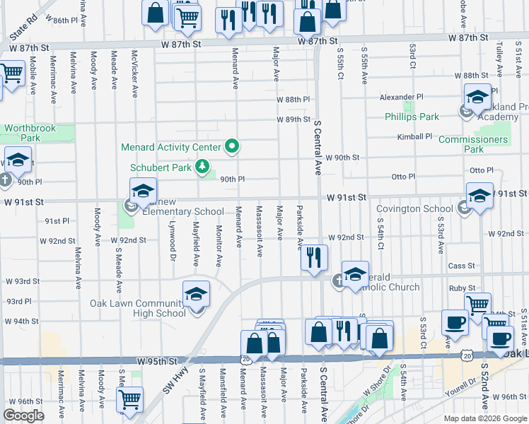 map of restaurants, bars, coffee shops, grocery stores, and more near 9100 Major Avenue in Oak Lawn
