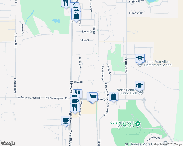 map of restaurants, bars, coffee shops, grocery stores, and more near 1632 Burr Drive in North Liberty