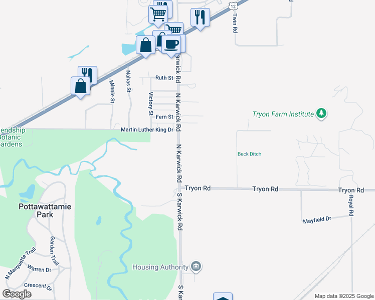 map of restaurants, bars, coffee shops, grocery stores, and more near 205 North Karwick Road in Michigan City