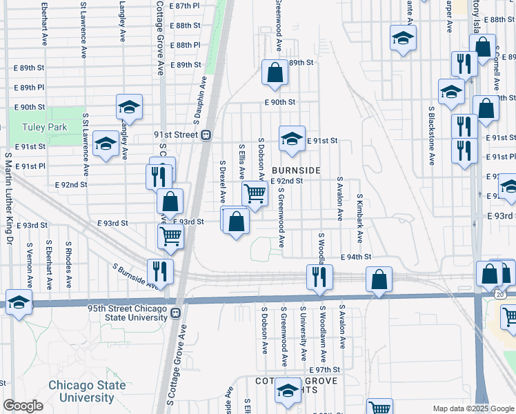 map of restaurants, bars, coffee shops, grocery stores, and more near 9238 South Dobson Avenue in Chicago