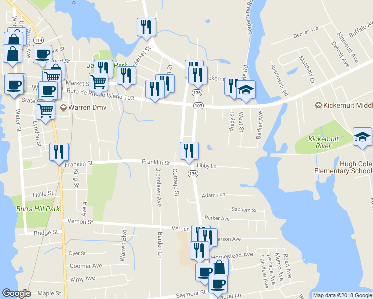 map of restaurants, bars, coffee shops, grocery stores, and more near 126 Arlington Avenue in Warren