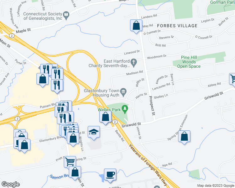 map of restaurants, bars, coffee shops, grocery stores, and more near 16 Deming Road in Glastonbury