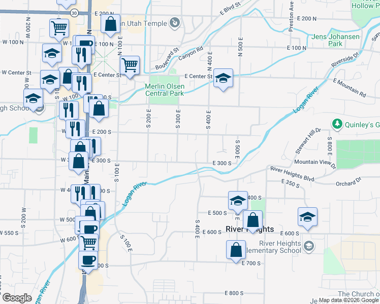 map of restaurants, bars, coffee shops, grocery stores, and more near 326 East 200 South in Logan