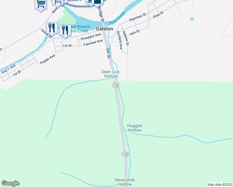 map of restaurants, bars, coffee shops, grocery stores, and more near Germania Road in Galeton