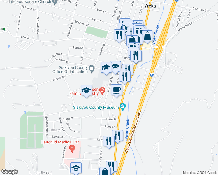 map of restaurants, bars, coffee shops, grocery stores, and more near 605 Yreka Street in Yreka