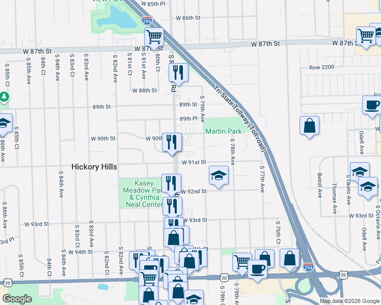 map of restaurants, bars, coffee shops, grocery stores, and more near 7932 West 90th Place in Hickory Hills