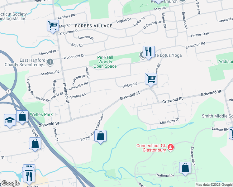 map of restaurants, bars, coffee shops, grocery stores, and more near 133 Shelley Lane in Glastonbury