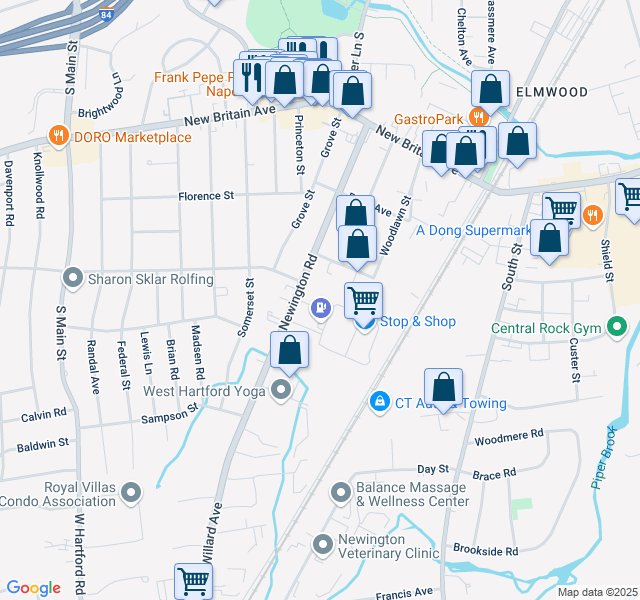 map of restaurants, bars, coffee shops, grocery stores, and more near 160 Newington Road in West Hartford