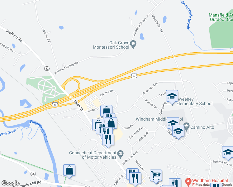 map of restaurants, bars, coffee shops, grocery stores, and more near 108 Cameo Drive in Windham