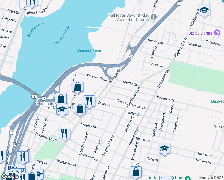 map of restaurants, bars, coffee shops, grocery stores, and more near 8 Valentine Street in Fall River