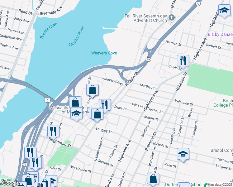 map of restaurants, bars, coffee shops, grocery stores, and more near 2074 North Main Street in Fall River