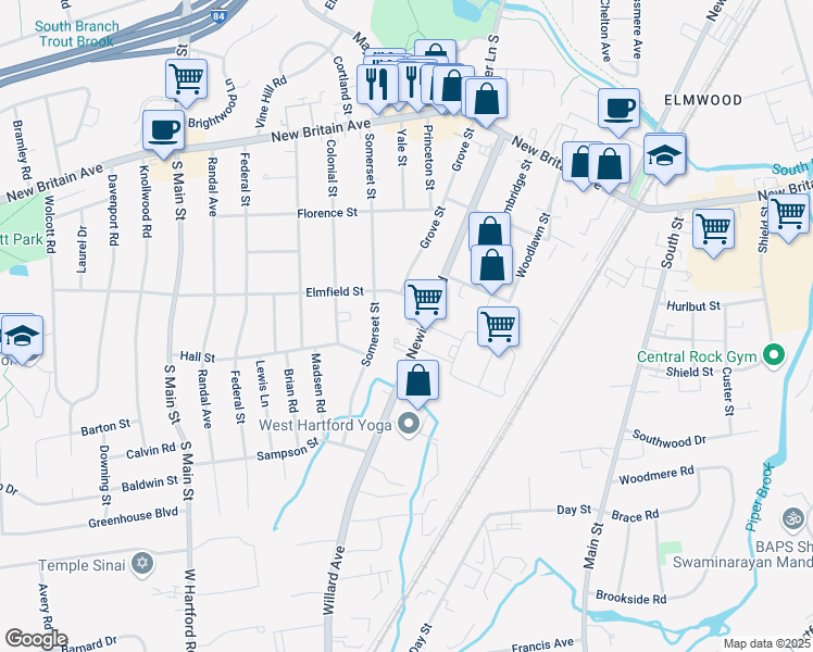 map of restaurants, bars, coffee shops, grocery stores, and more near 160 Somerset Street in West Hartford