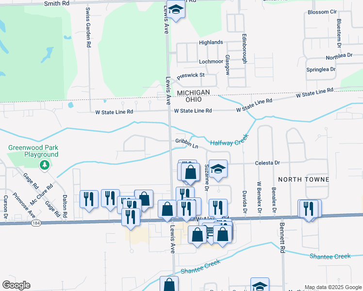 map of restaurants, bars, coffee shops, grocery stores, and more near 953 Gribbin Lane in Toledo