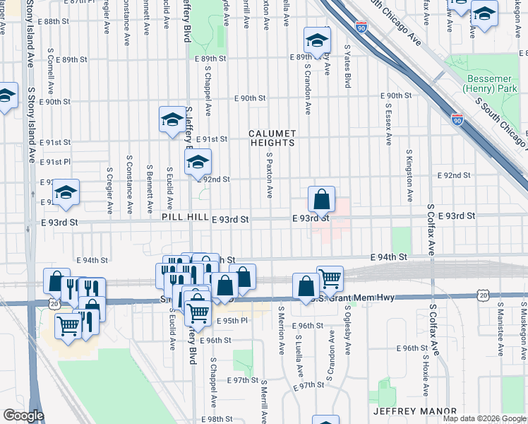 map of restaurants, bars, coffee shops, grocery stores, and more near 9235 South Merrill Avenue in Chicago
