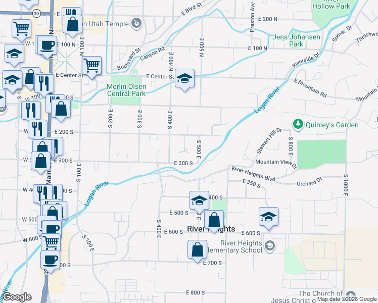 map of restaurants, bars, coffee shops, grocery stores, and more near 262 Larkspur Drive in Logan