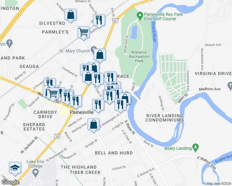 map of restaurants, bars, coffee shops, grocery stores, and more near 8 North State Street in Painesville