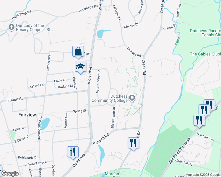 map of restaurants, bars, coffee shops, grocery stores, and more near Van Wyck Drive in Poughkeepsie