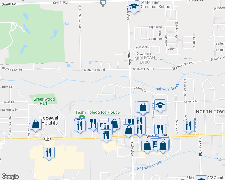 map of restaurants, bars, coffee shops, grocery stores, and more near 6055 Kincora Drive in Toledo