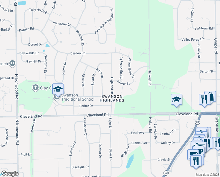 map of restaurants, bars, coffee shops, grocery stores, and more near 52765-52831 Highland Drive in South Bend