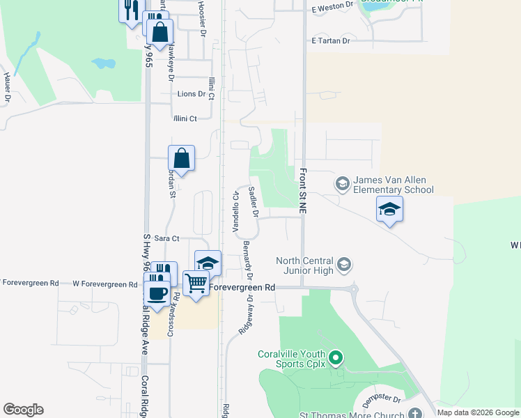 map of restaurants, bars, coffee shops, grocery stores, and more near 1532 Sadler Drive in North Liberty