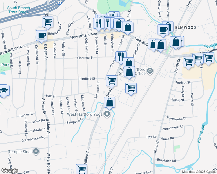 map of restaurants, bars, coffee shops, grocery stores, and more near in West Hartford
