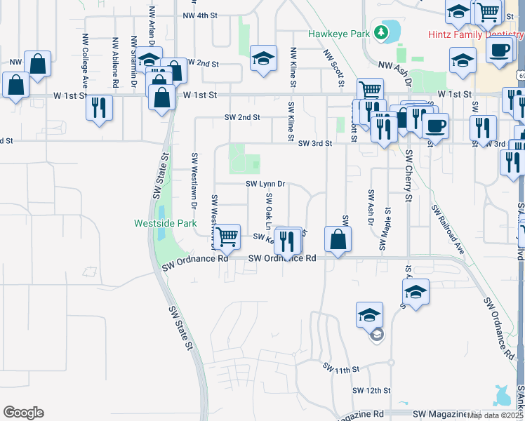 map of restaurants, bars, coffee shops, grocery stores, and more near 429 Southwest Franklin Drive in Ankeny